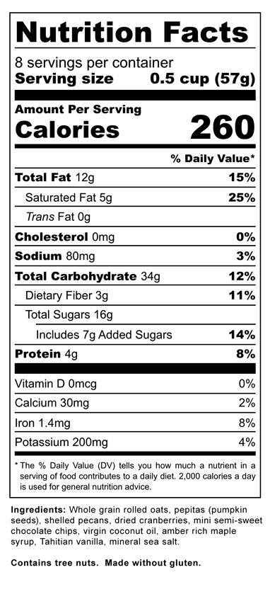 Cranberry Chocolate Granola - Nutrition Label