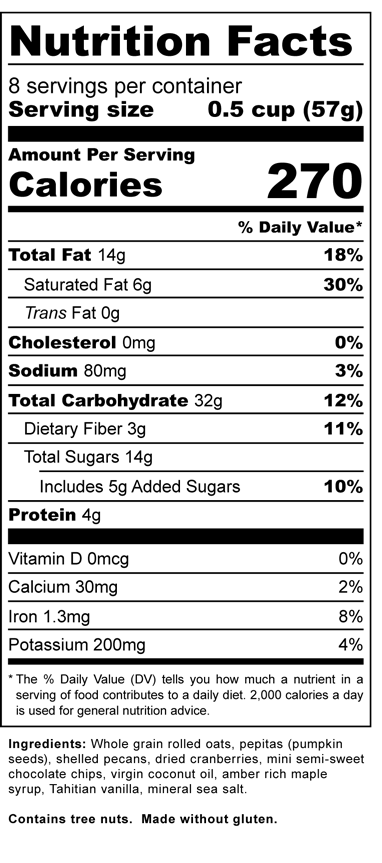 Cranberry Chocolate Granola - Nutrition Label